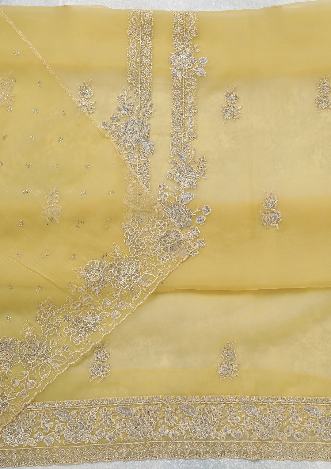 Yellow Threadwork Tissue Unstitched Salwar Suit-koskii