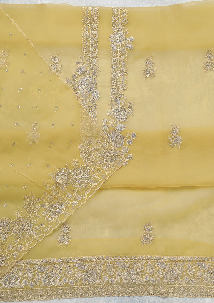 Yellow Threadwork Tissue Unstitched Salwar Suit-koskii