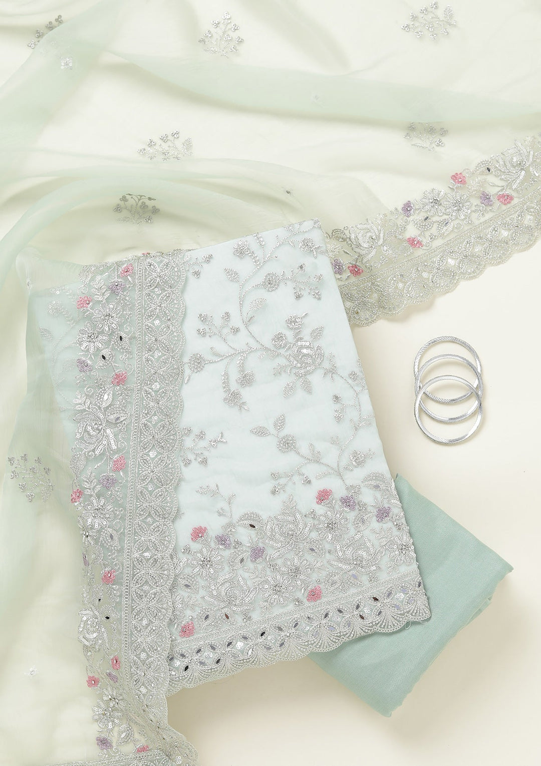 Pista Green Threadwork Tissue Unstitched Salwar Suit-koskii