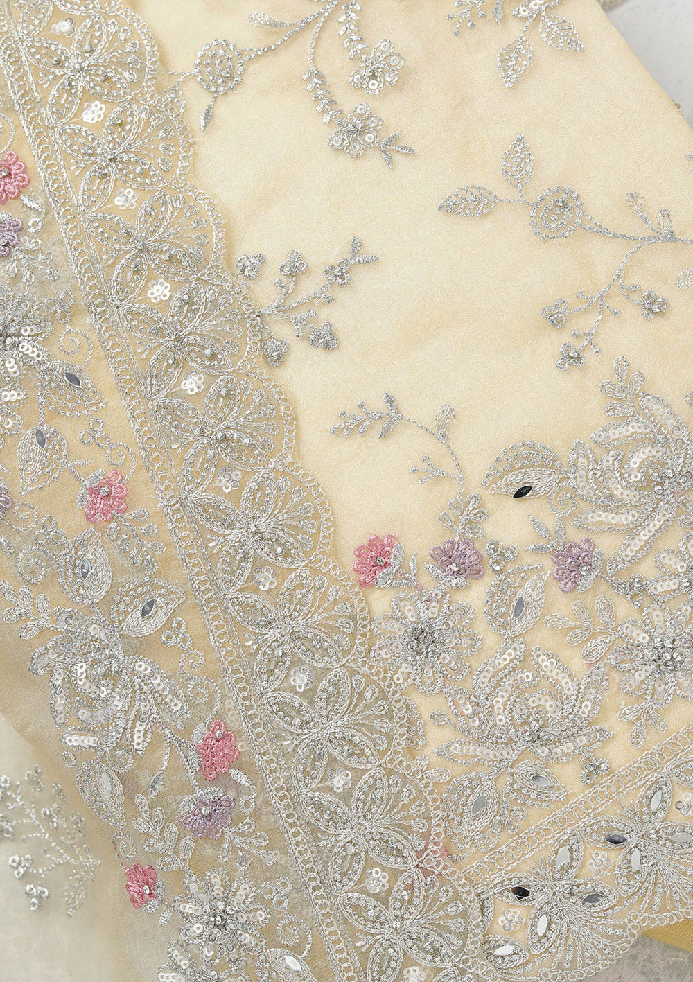 Yellow Threadwork Tissue Unstitched Salwar Suit-koskii