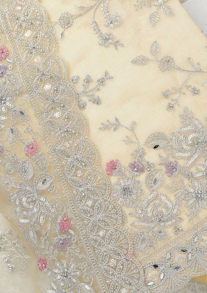 Yellow Threadwork Tissue Unstitched Salwar Suit-koskii