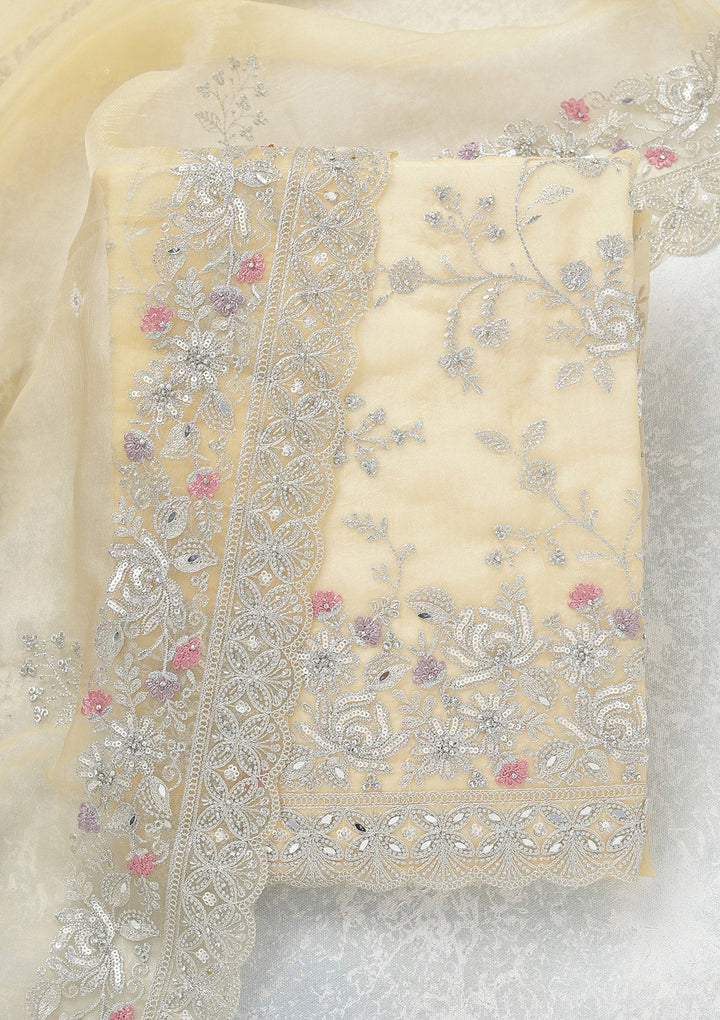 Yellow Threadwork Tissue Unstitched Salwar Suit-koskii