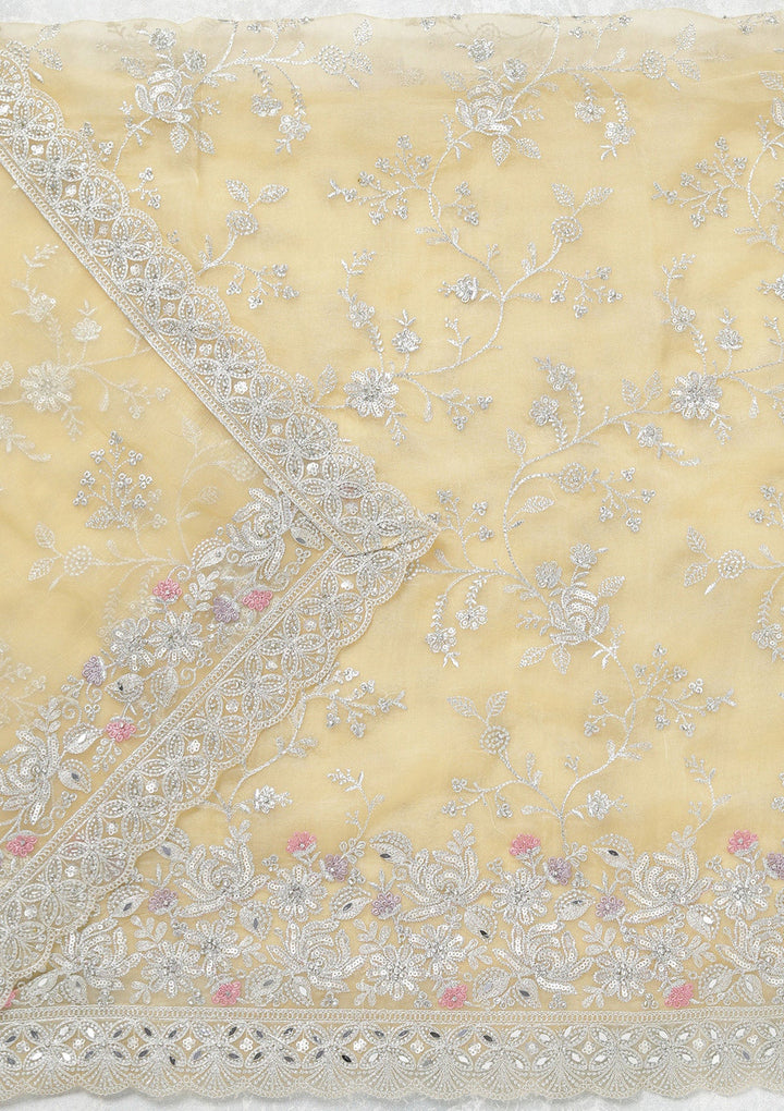 Yellow Threadwork Tissue Unstitched Salwar Suit-koskii