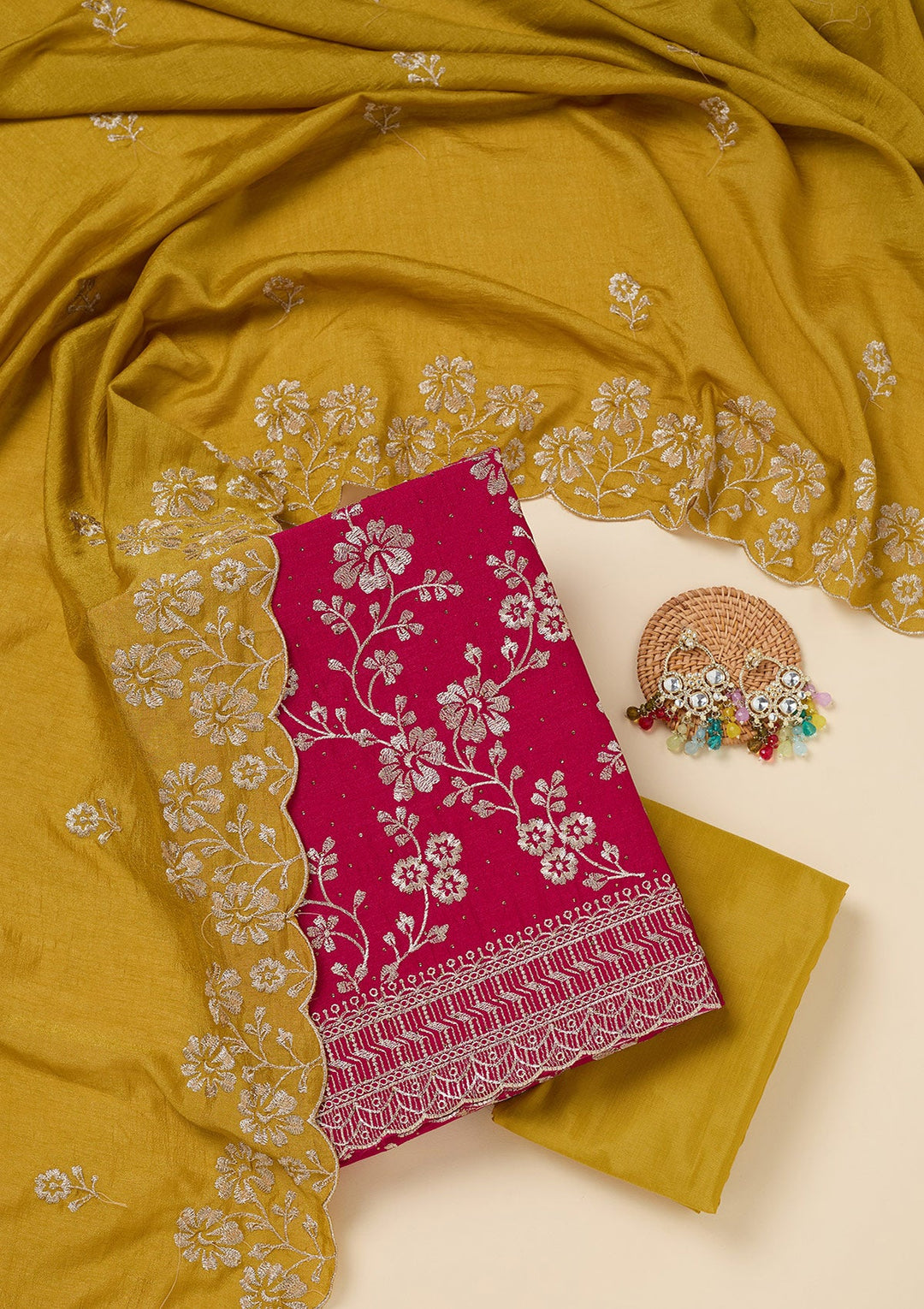 Rani Pink Zariwork (Gold) Soft Raw Silk Unstitched Salwar Suit-Koskii