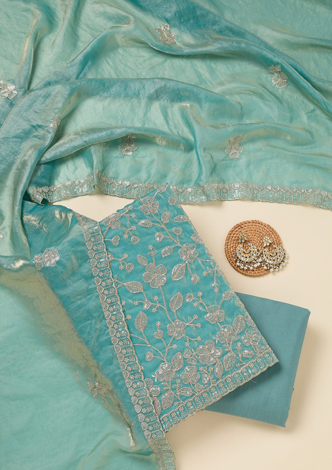 Blue Sequins Semi Crepe Unstitched Salwar Suit-Koskii