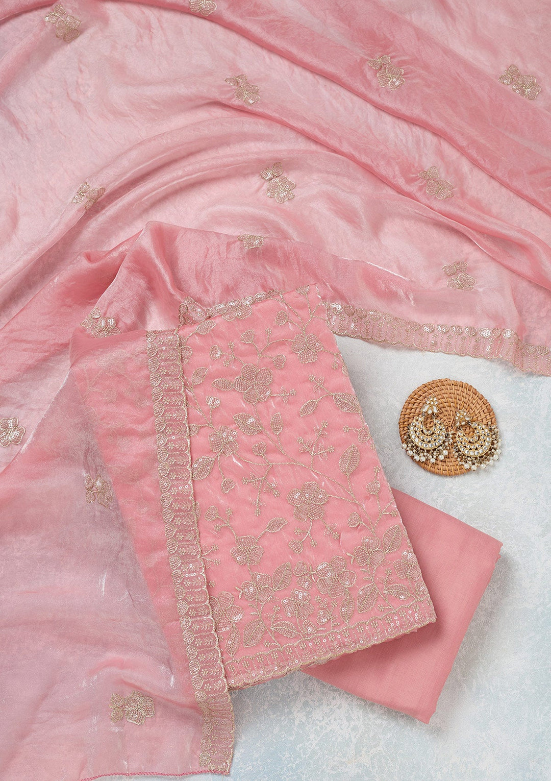 Pink Sequins Semi Crepe Unstitched Salwar Suit-Koskii