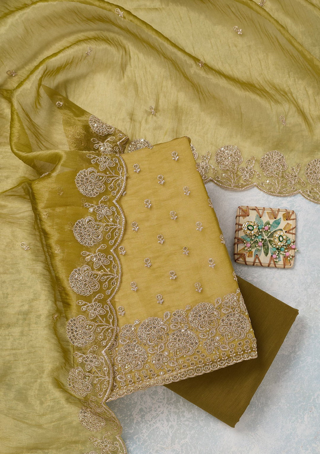 Green Zariwork (Gold) Tissue Unstitched Salwar Suit-koskii