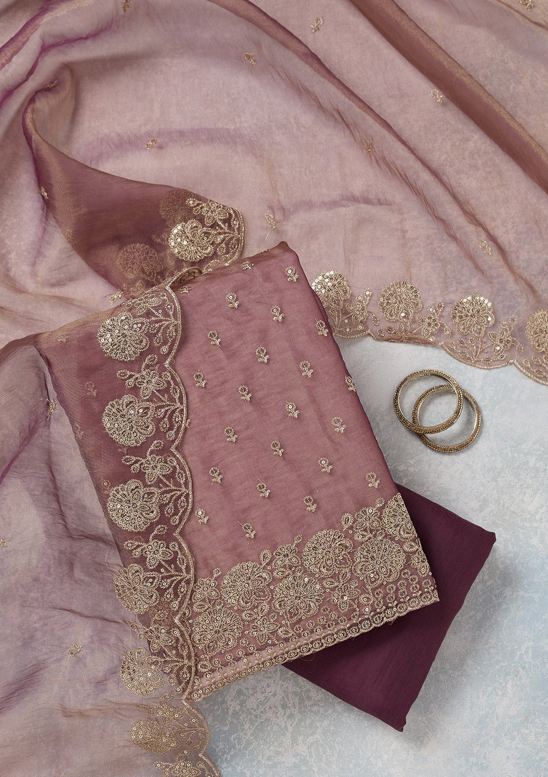 Wine Zariwork (Gold) Tissue Unstitched Salwar Suit-koskii