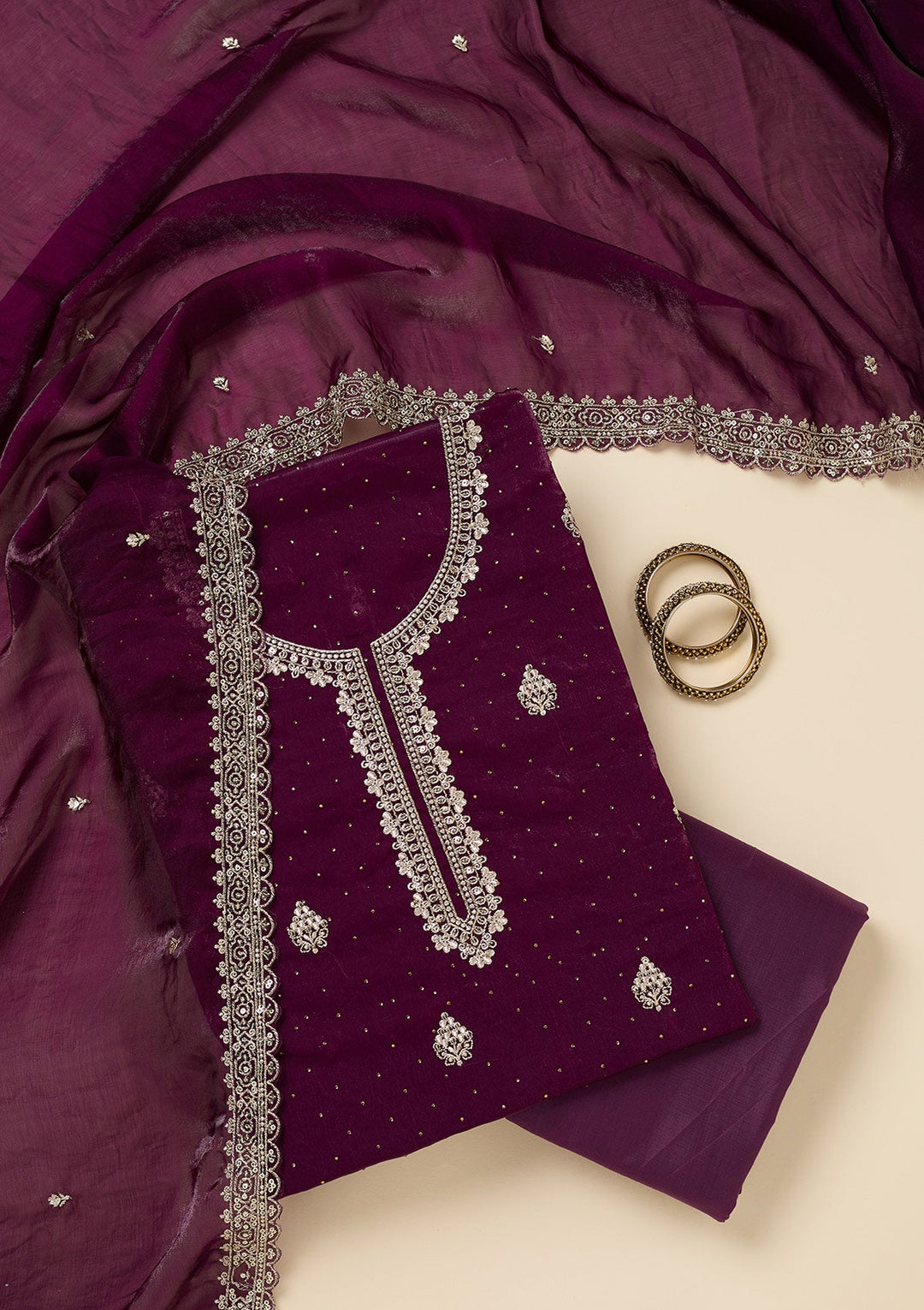 Purple Zardozi (Gold) Semi Crepe Unstitched Salwar Suit-Koskii