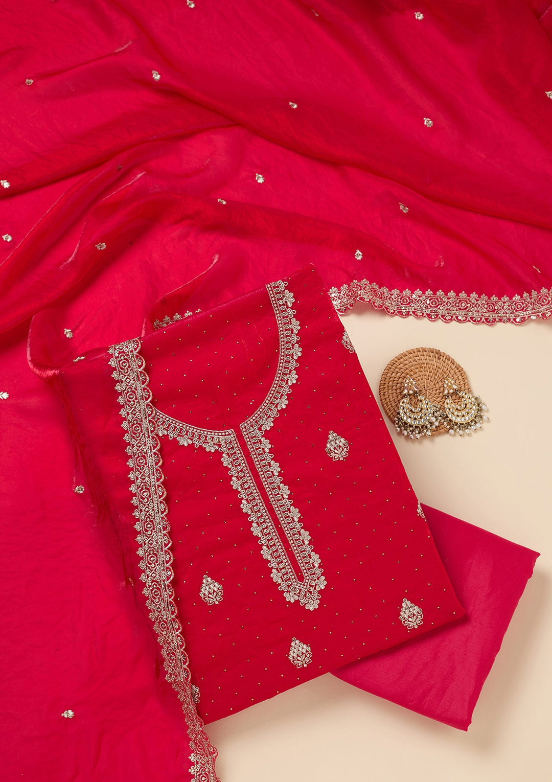 Rani Pink Zardozi (Gold) Semi Crepe Unstitched Salwar Suit-Koskii