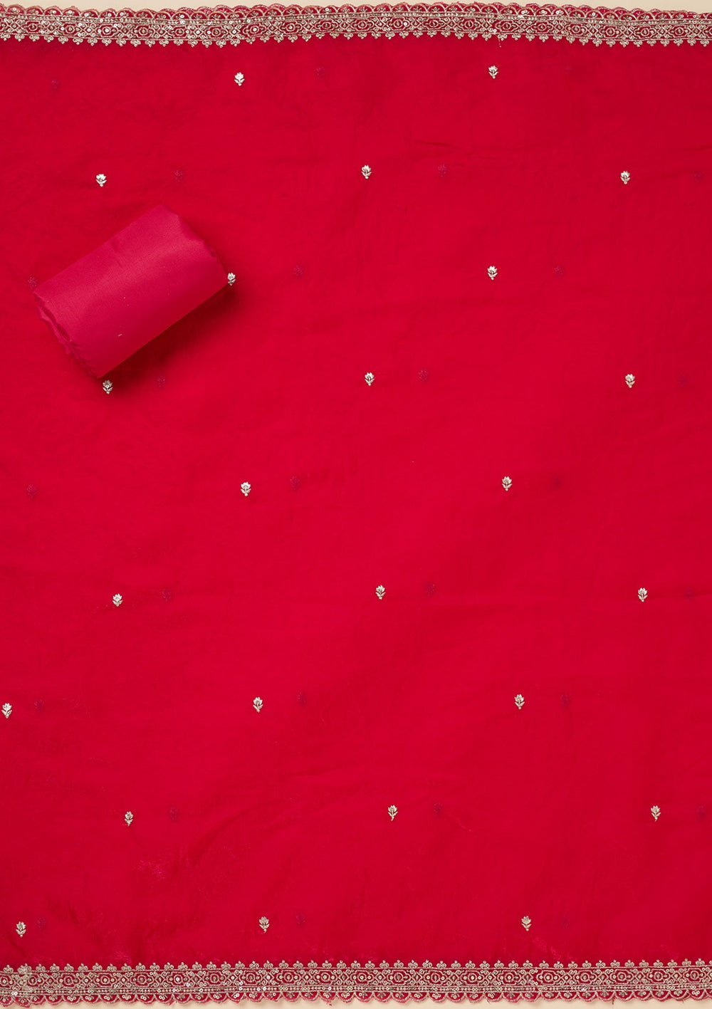 Rani Pink Zardozi (Gold) Semi Crepe Unstitched Salwar Suit-Koskii