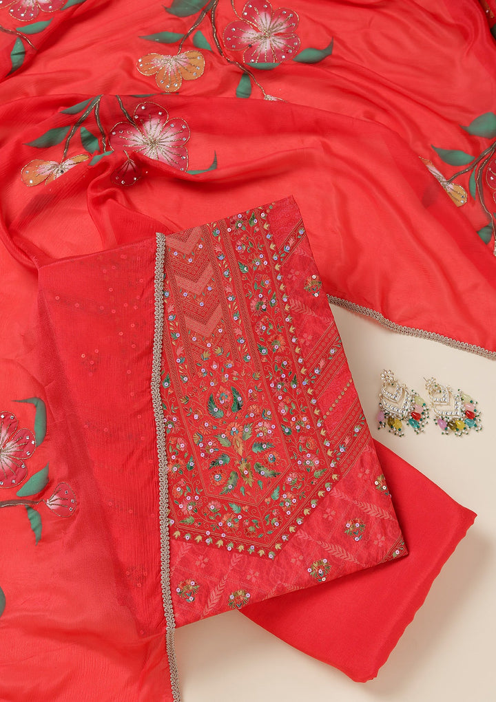 Red Zariwork (Gold) Brocade Unstitched Salwar Suit_koskii
