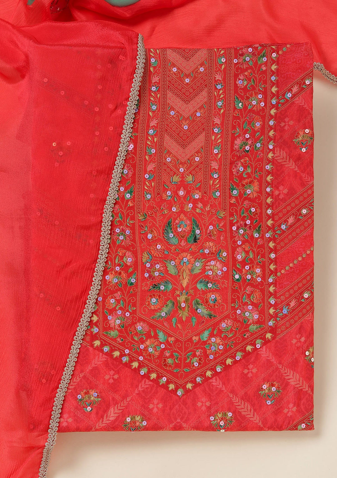 Red Zariwork (Gold) Brocade Unstitched Salwar Suit_koskii