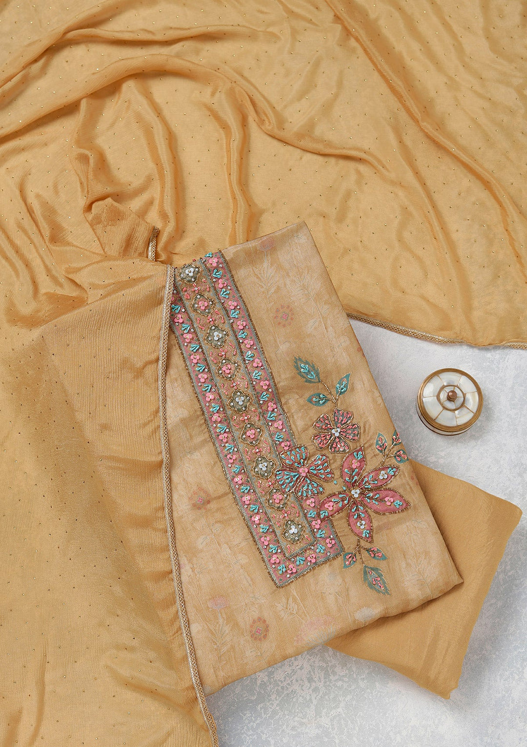 Beige Zariwork (Gold) Organza Unstitched Salwar Suit_koskii