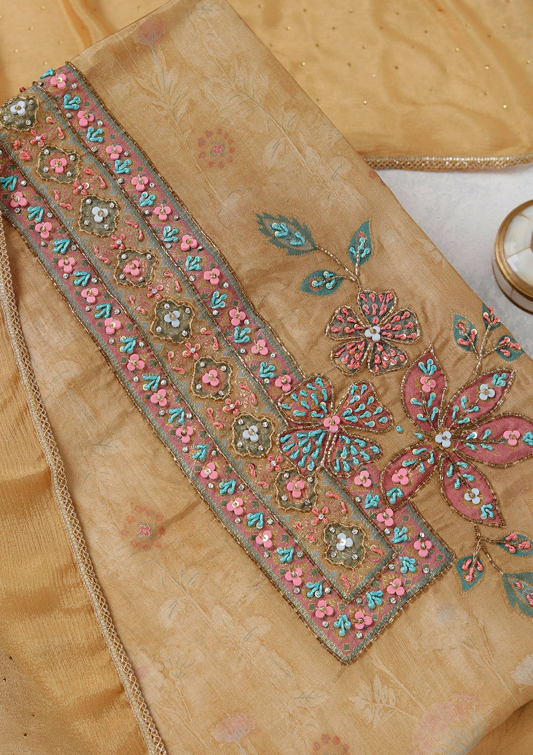 Beige Zariwork (Gold) Organza Unstitched Salwar Suit_koskii