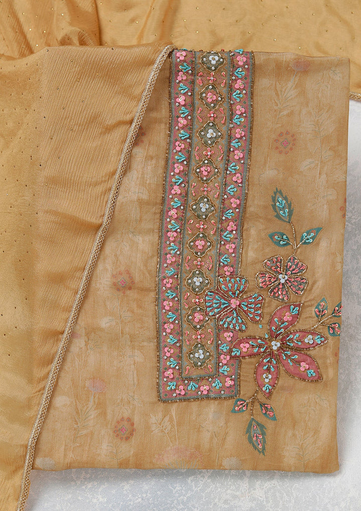 Beige Zariwork (Gold) Organza Unstitched Salwar Suit_koskii