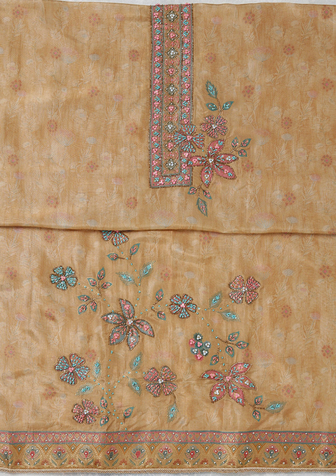 Beige Zariwork (Gold) Organza Unstitched Salwar Suit_koskii