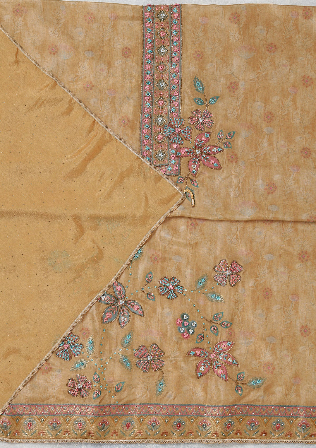 Beige Zariwork (Gold) Organza Unstitched Salwar Suit_koskii