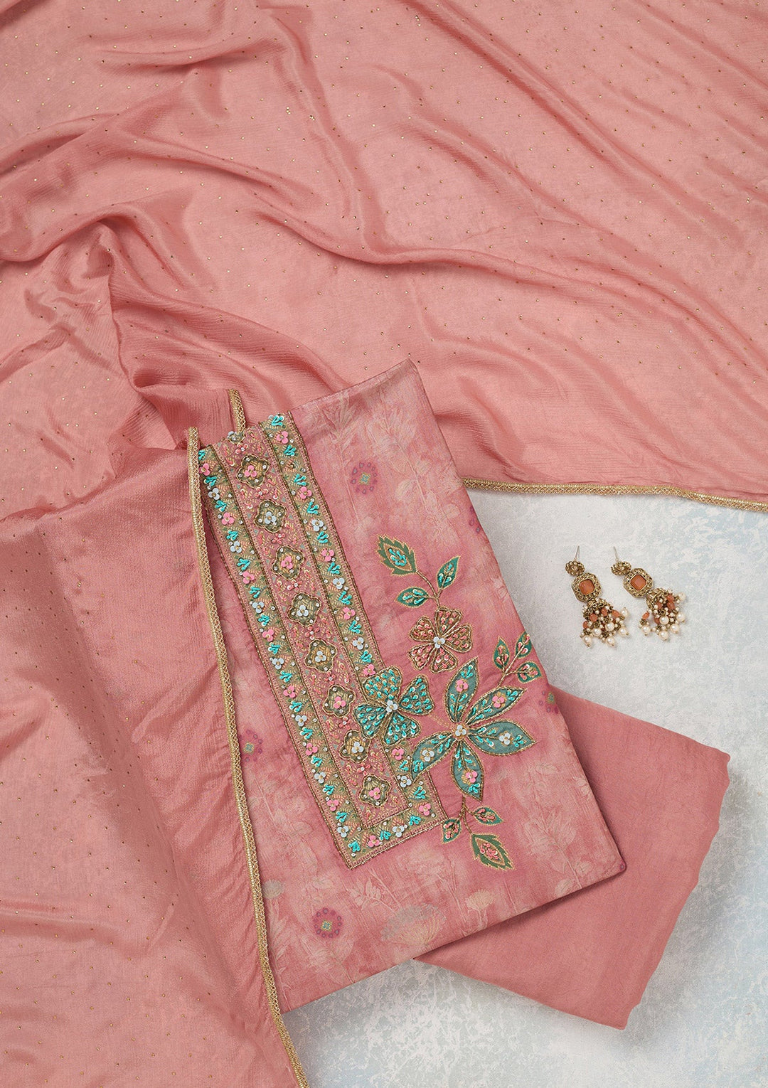 Onion Pink Zariwork (Gold) Organza Unstitched Salwar Suit_koskii
