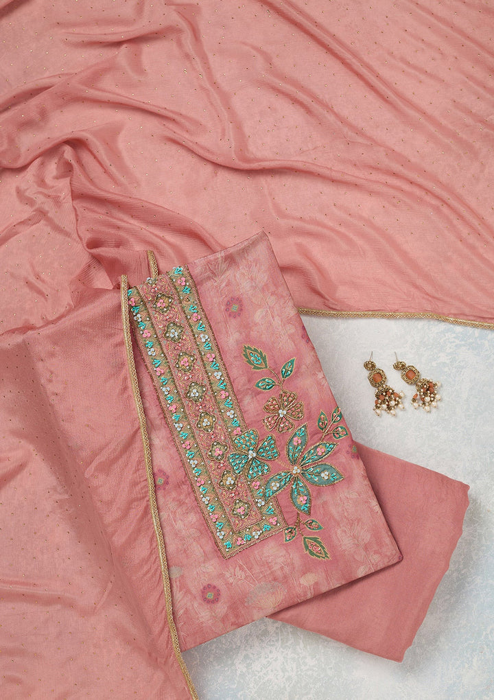 Onion Pink Zariwork (Gold) Organza Unstitched Salwar Suit_koskii