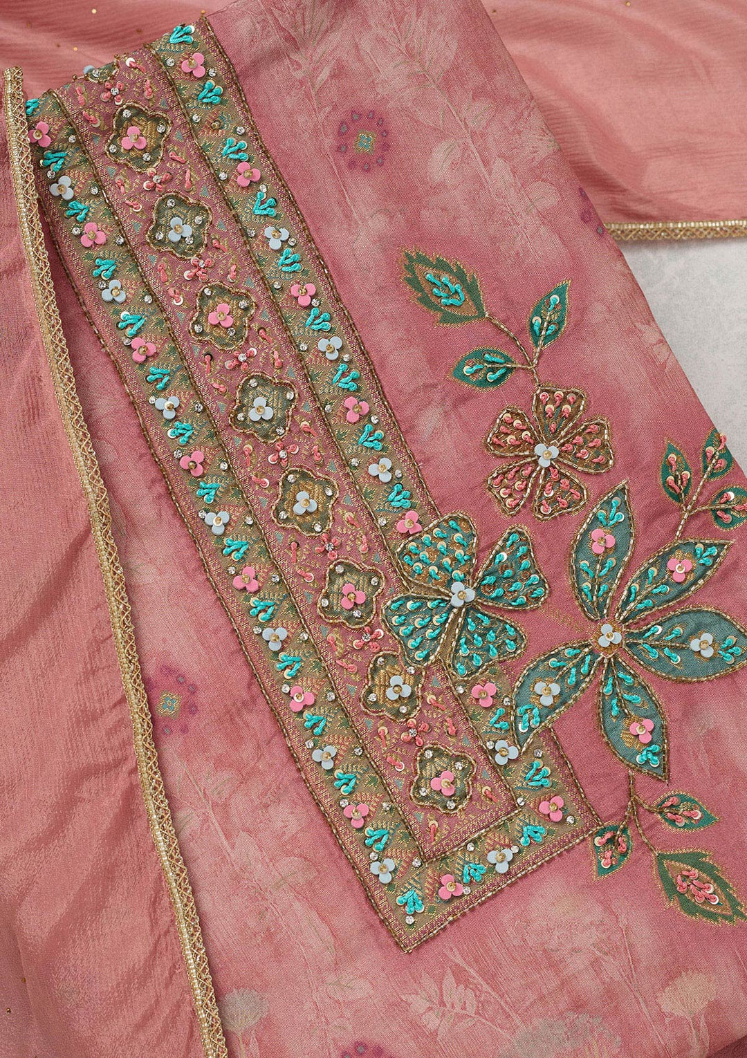 Onion Pink Zariwork (Gold) Organza Unstitched Salwar Suit_koskii