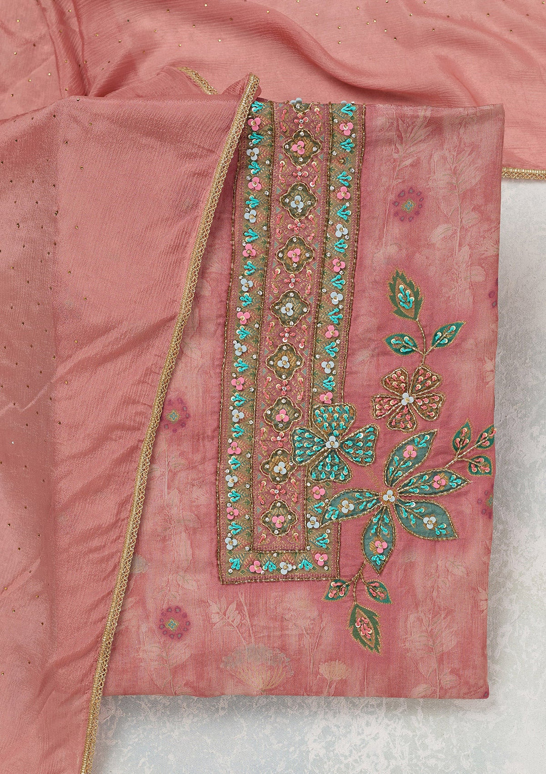 Onion Pink Zariwork (Gold) Organza Unstitched Salwar Suit_koskii