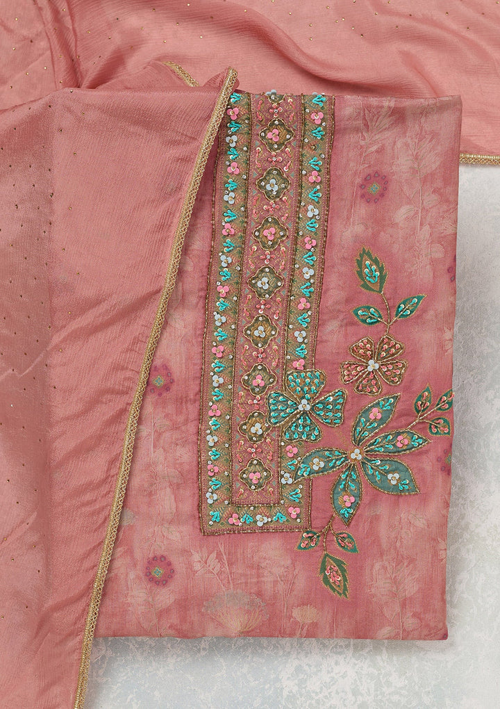 Onion Pink Zariwork (Gold) Organza Unstitched Salwar Suit_koskii