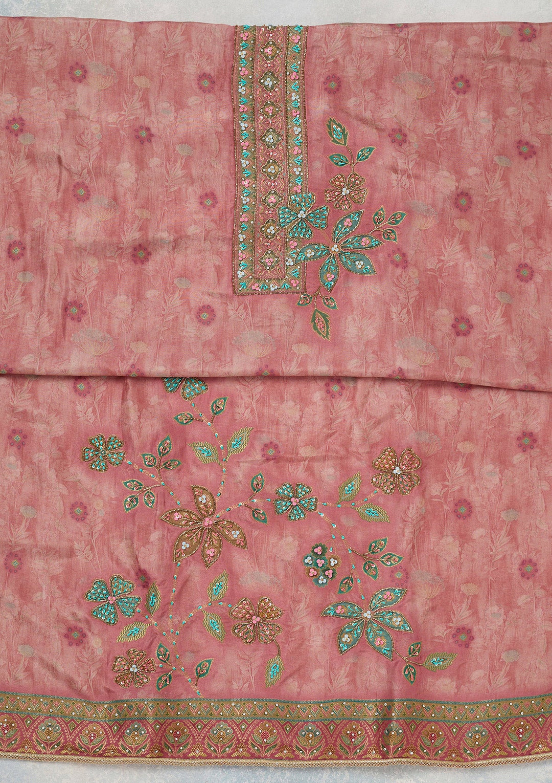 Onion Pink Zariwork (Gold) Organza Unstitched Salwar Suit_koskii