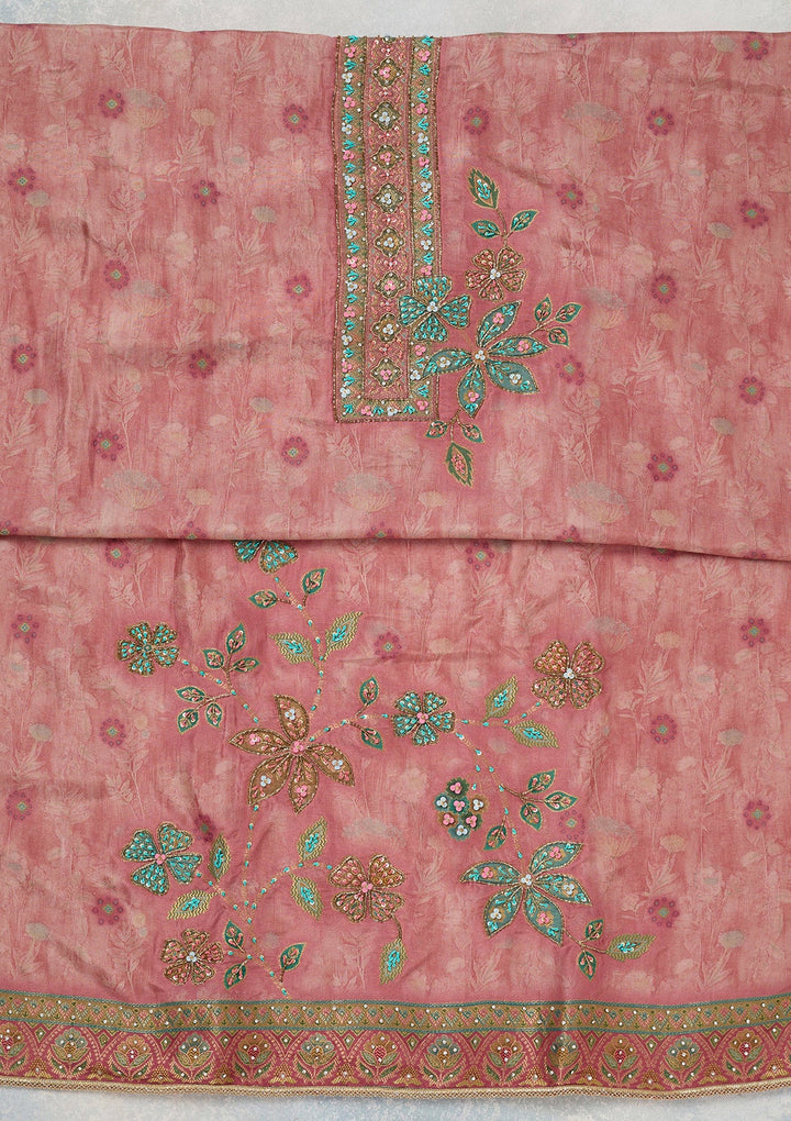 Onion Pink Zariwork (Gold) Organza Unstitched Salwar Suit_koskii