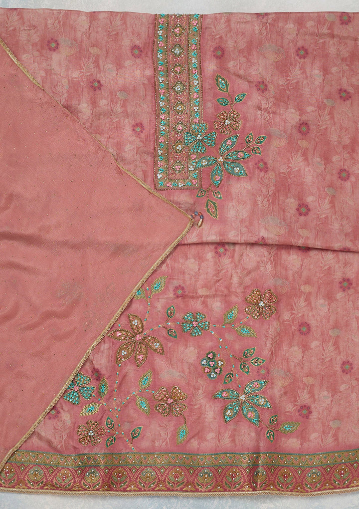 Onion Pink Zariwork (Gold) Organza Unstitched Salwar Suit_koskii