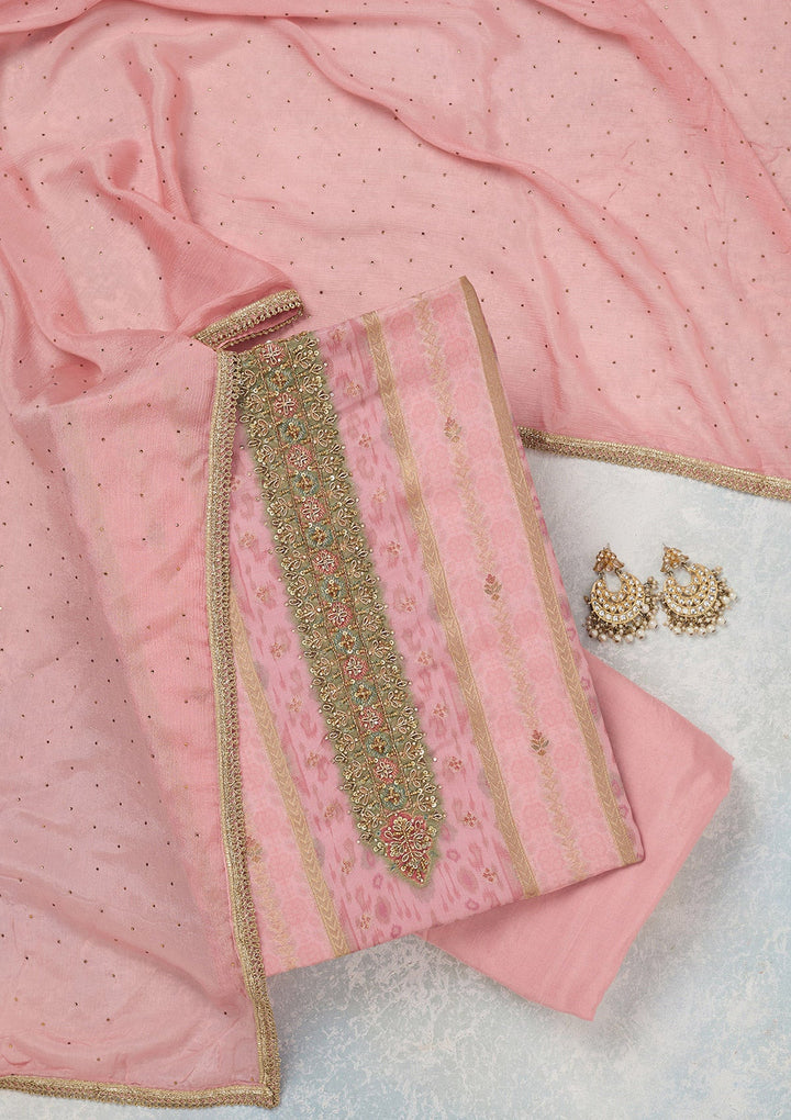 Baby Pink Zariwork (Gold) Organza Unstitched Salwar Suit_koskii