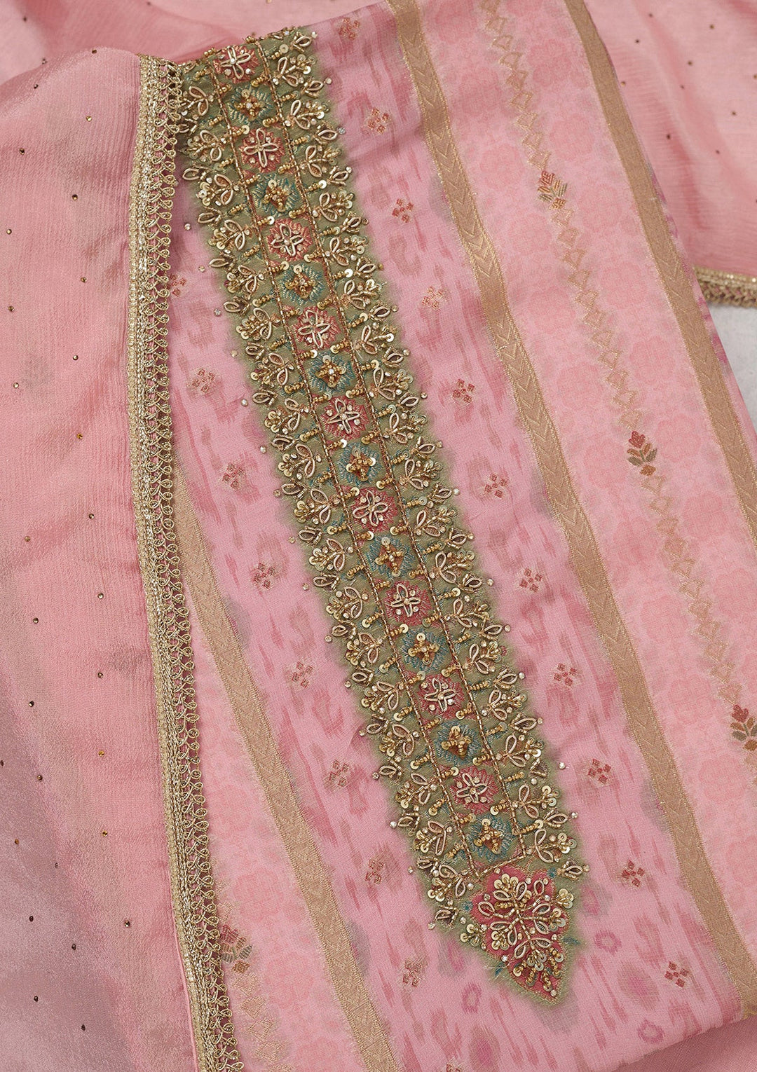 Baby Pink Zariwork (Gold) Organza Unstitched Salwar Suit_koskii