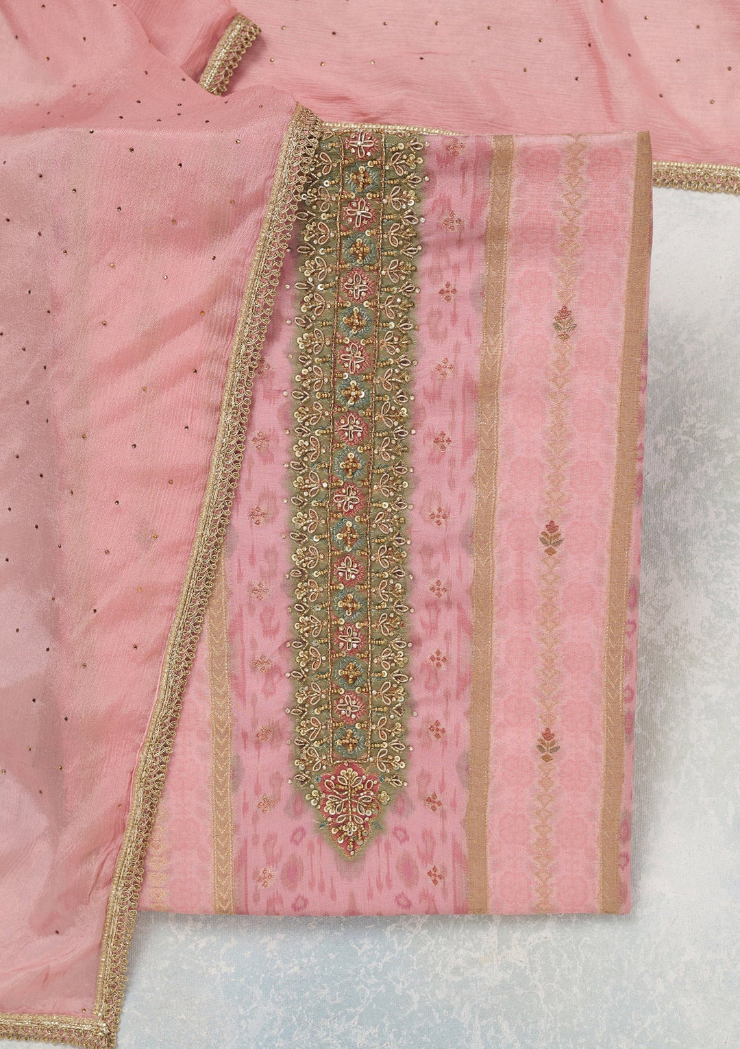 Baby Pink Zariwork (Gold) Organza Unstitched Salwar Suit_koskii