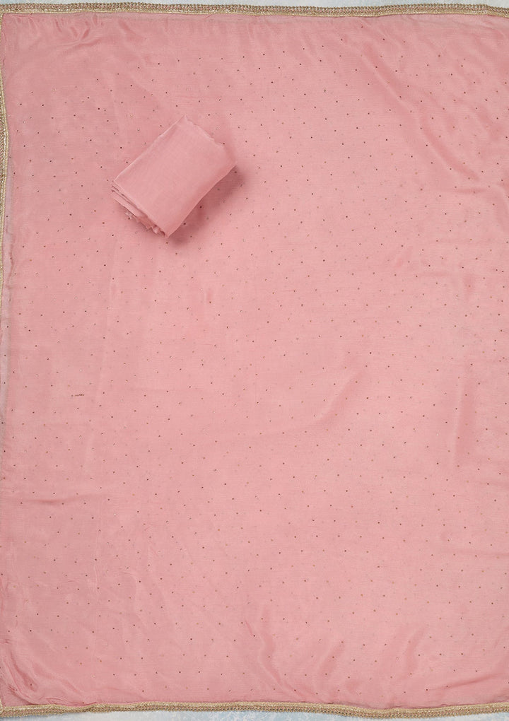 Baby Pink Zariwork (Gold) Organza Unstitched Salwar Suit_koskii