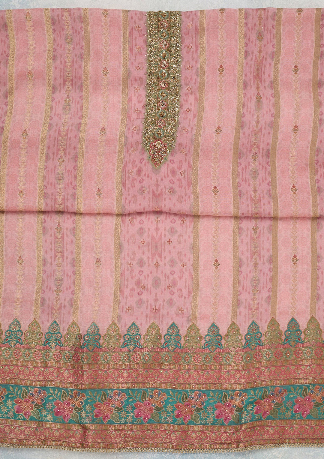 Baby Pink Zariwork (Gold) Organza Unstitched Salwar Suit_koskii