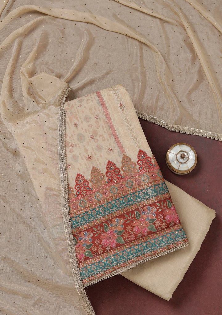 Beige Zariwork (Gold) Organza Unstitched Salwar Suit_koskii