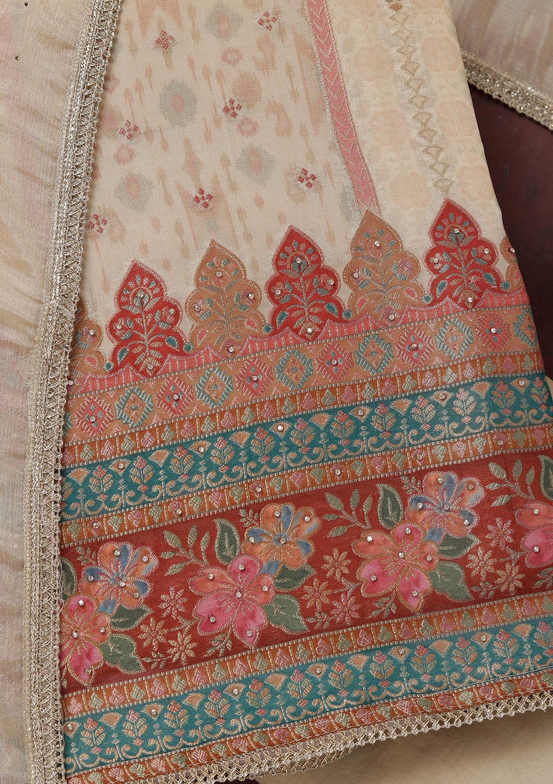 Beige Zariwork (Gold) Organza Unstitched Salwar Suit_koskii