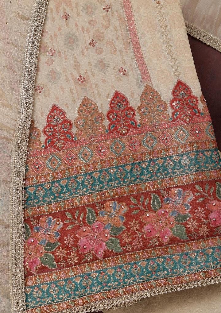 Beige Zariwork (Gold) Organza Unstitched Salwar Suit_koskii