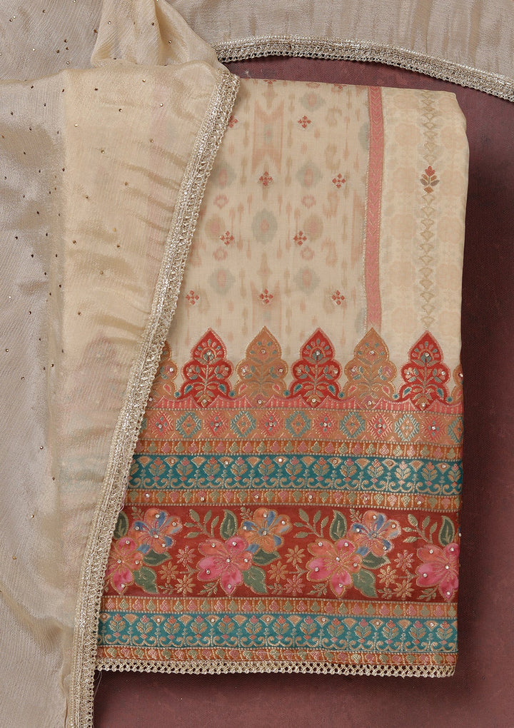 Beige Zariwork (Gold) Organza Unstitched Salwar Suit_koskii