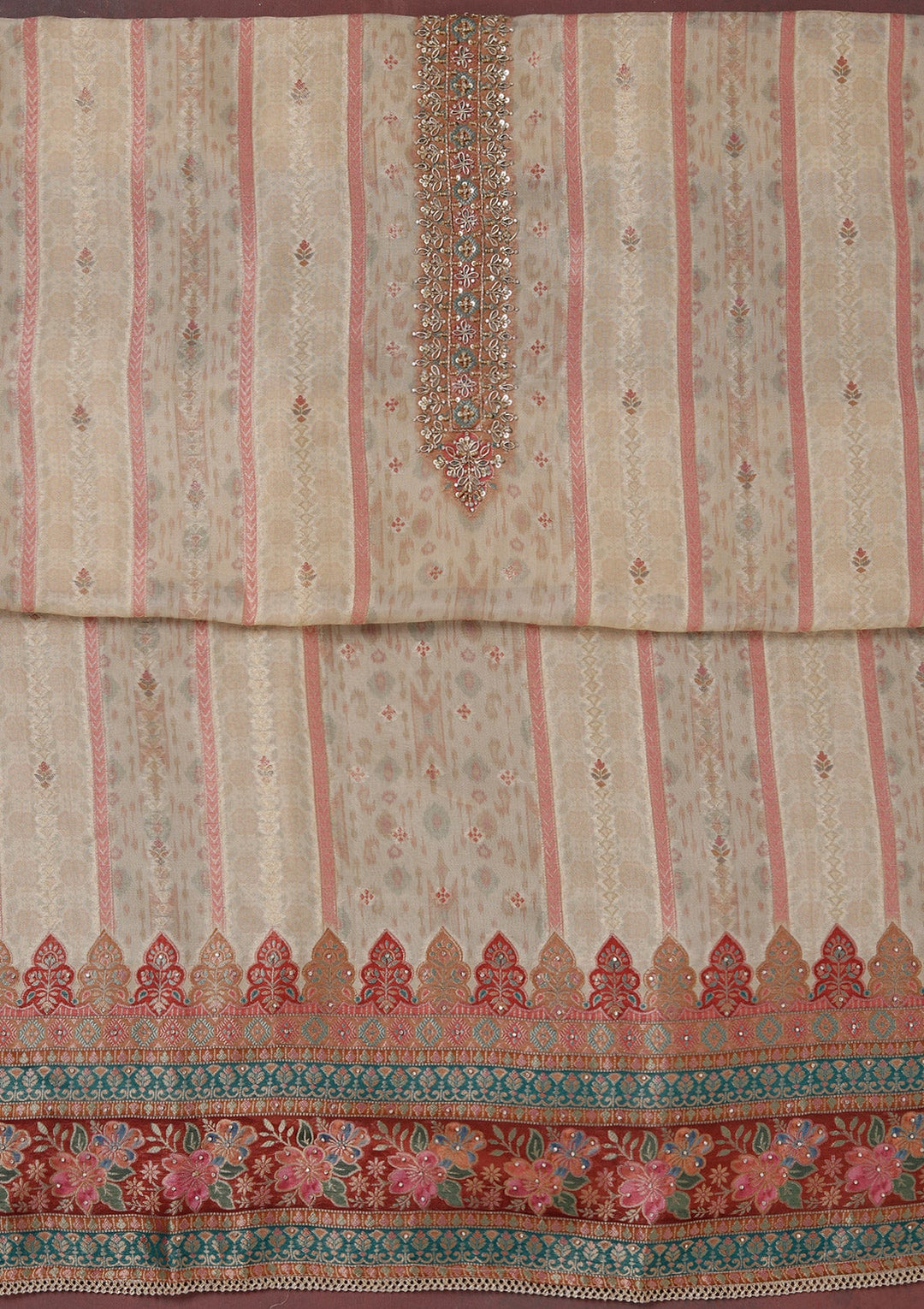 Beige Zariwork (Gold) Organza Unstitched Salwar Suit_koskii