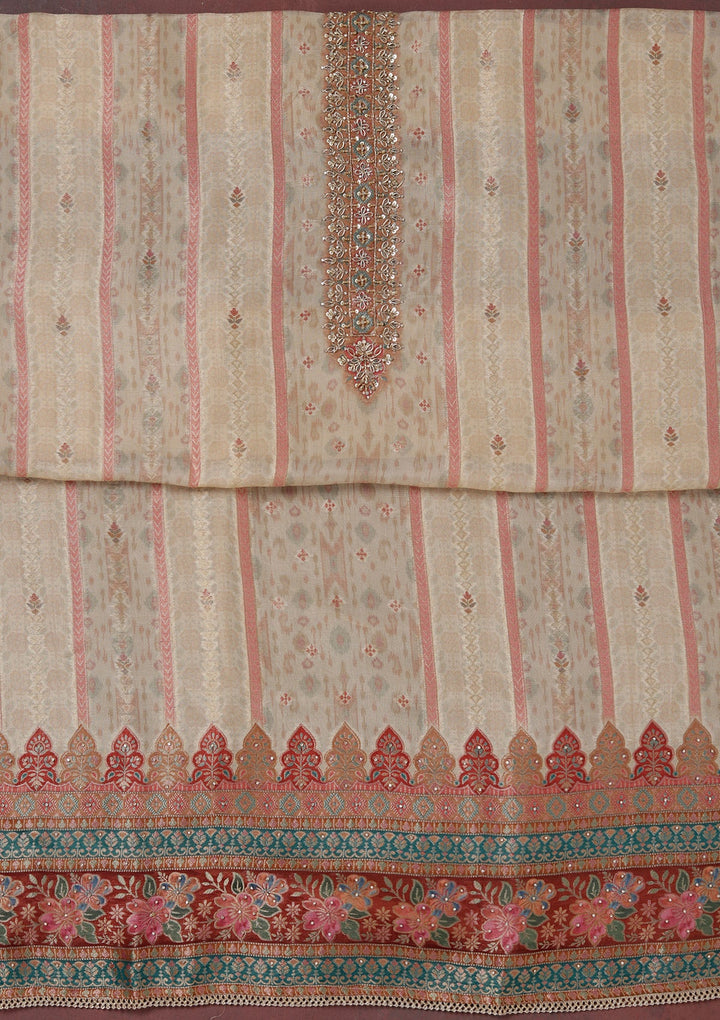 Beige Zariwork (Gold) Organza Unstitched Salwar Suit_koskii