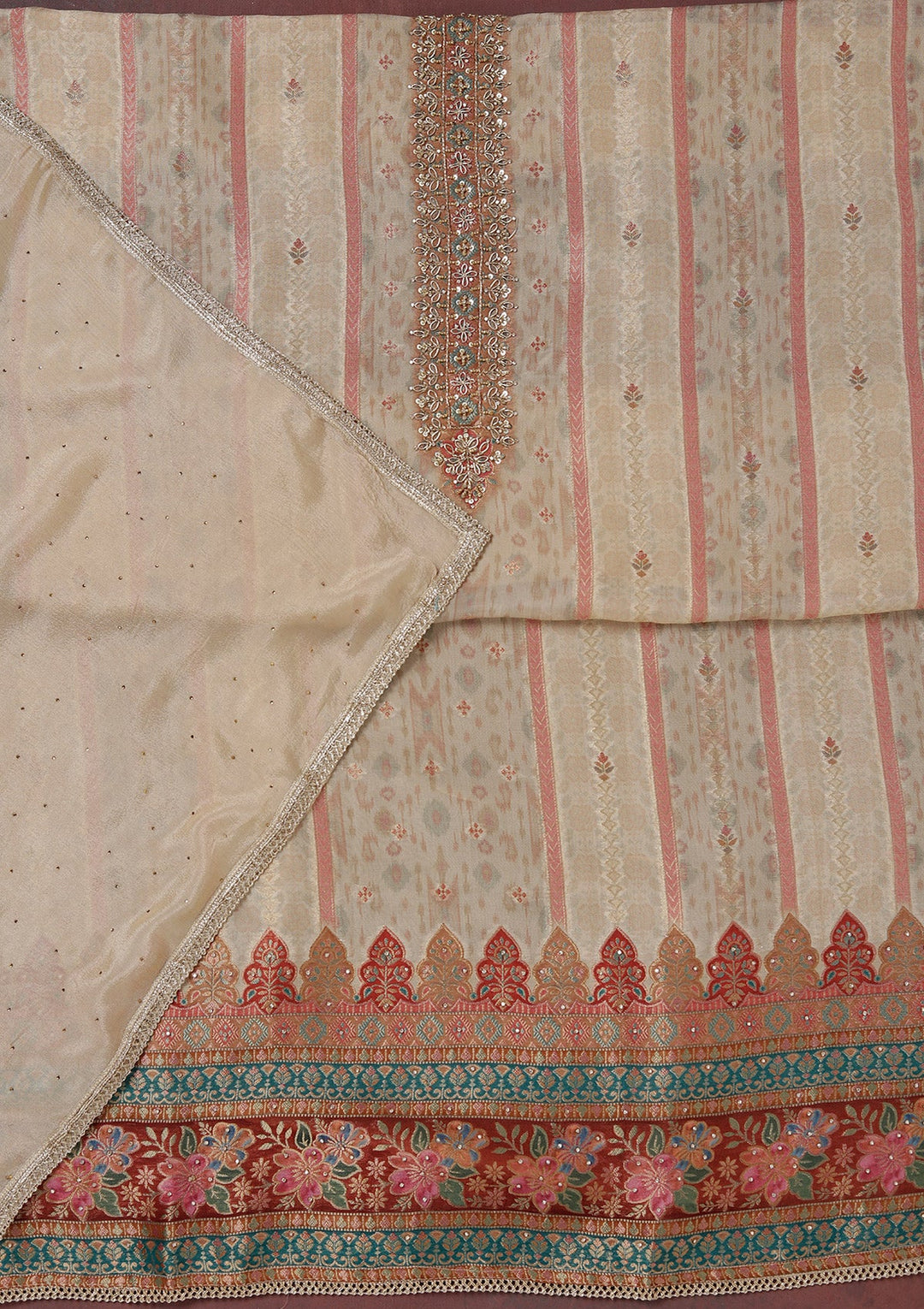 Beige Zariwork (Gold) Organza Unstitched Salwar Suit_koskii