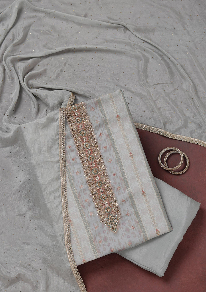 Grey Zariwork (Gold) Organza Unstitched Salwar Suit_koskii