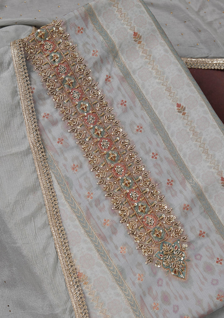 Grey Zariwork (Gold) Organza Unstitched Salwar Suit_koskii