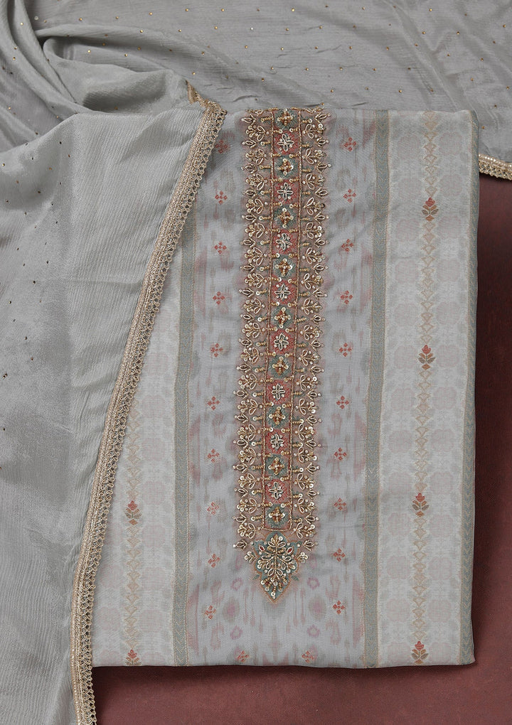 Grey Zariwork (Gold) Organza Unstitched Salwar Suit_koskii