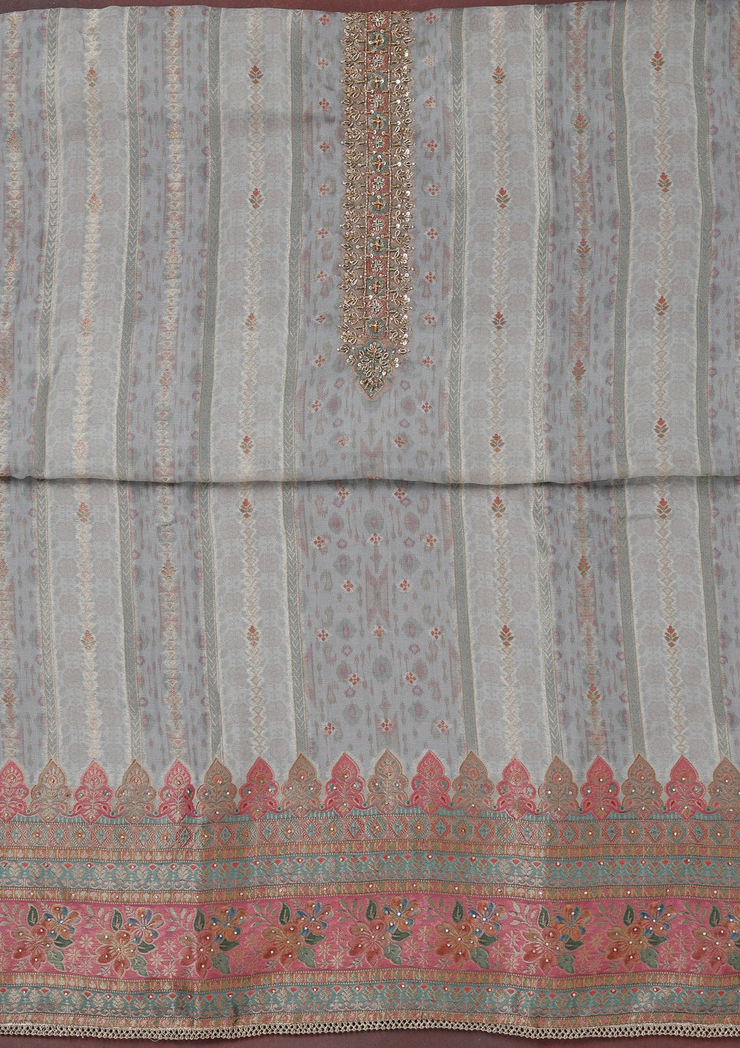 Grey Zariwork (Gold) Organza Unstitched Salwar Suit_koskii