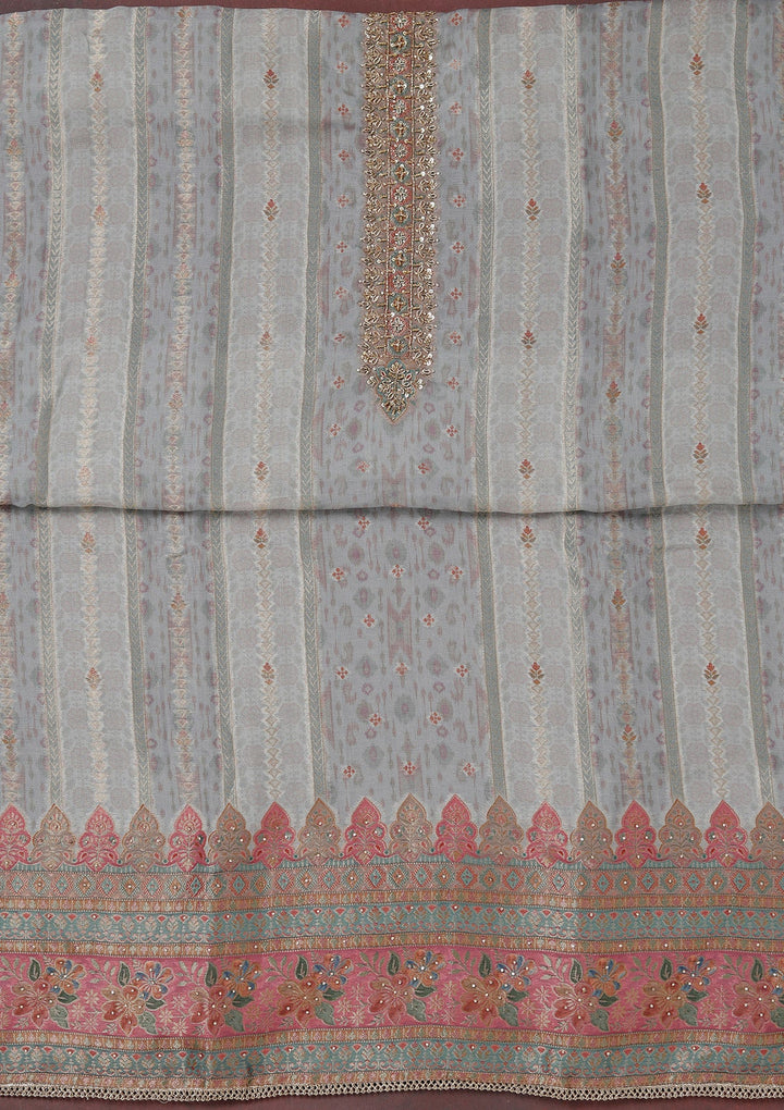 Grey Zariwork (Gold) Organza Unstitched Salwar Suit_koskii