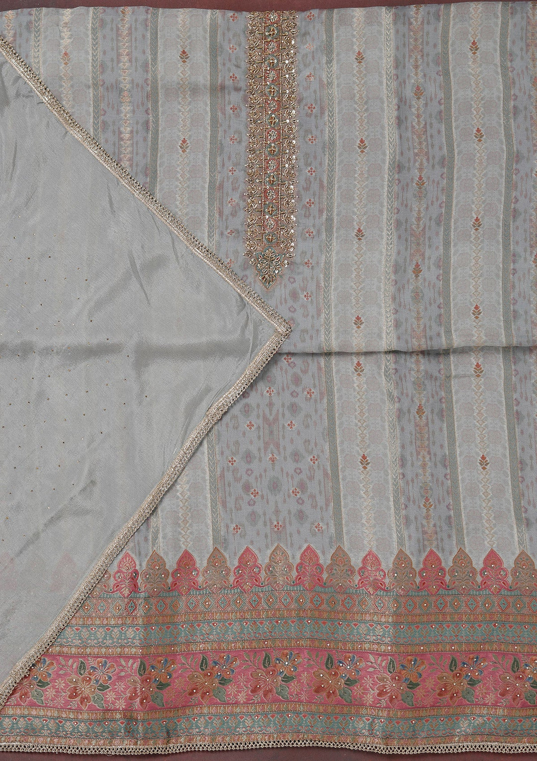 Grey Zariwork (Gold) Organza Unstitched Salwar Suit_koskii