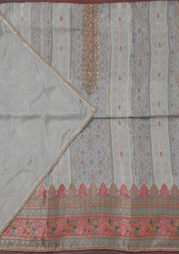 Grey Zariwork (Gold) Organza Unstitched Salwar Suit_koskii