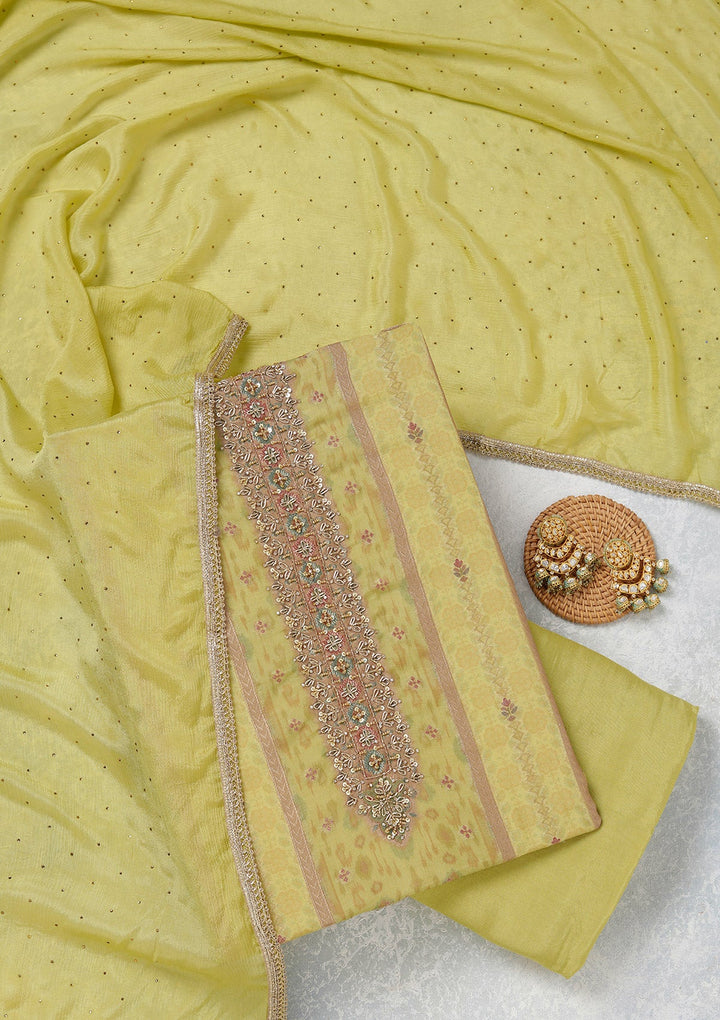 Lemon Yellow Zariwork (Gold) Organza Unstitched Salwar Suit_koskii